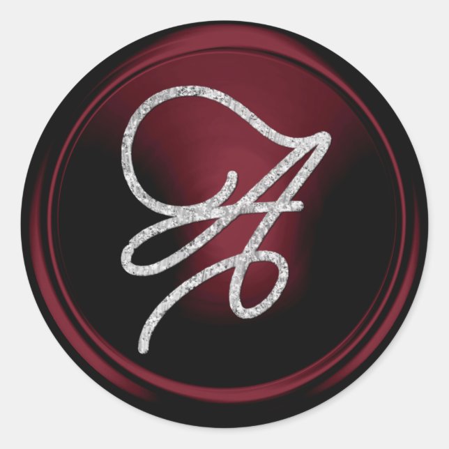 ALL INITIALS Silver Script Monogram Burgundy Classic Round Sticker (Front)