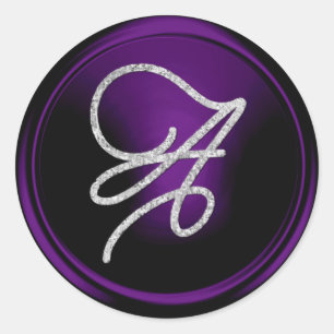 ALL INITIALS Silver Script Monogram Dark Purple Classic Round Sticker