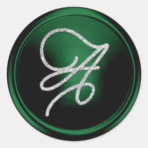 ALL INITIALS Silver Script Monogram Emerald Green Classic Round Sticker