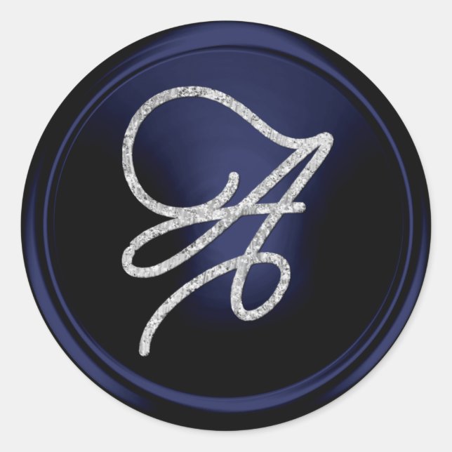 ALL INITIALS Silver Script Monogram Navy Blue Classic Round Sticker (Front)