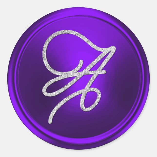 ALL INITIALS Silver Script Monogram Purple Classic Round Sticker (Front)