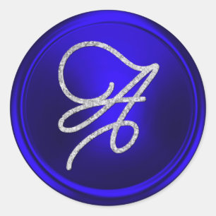 ALL INITIALS Silver Script Monogram Royal Blue Classic Round Sticker