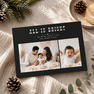All Is Bright Black Diptych Family Christmas photo Holiday Card
