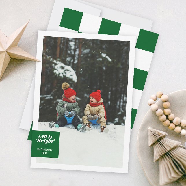 All Is Bright Bold Green Chequerboard Festive Holiday Card (Holiday photo family card green checkerboard bold funky type )