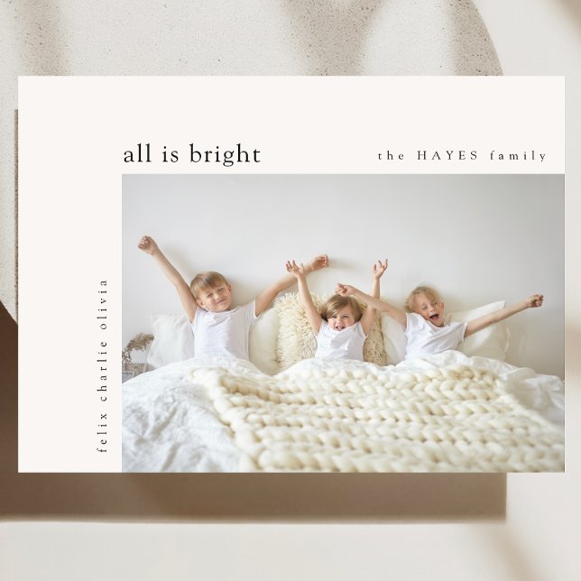 All is Bright Minimal Christmas Kids Photo Green Holiday Card (Celebrate the season with a photo holiday card featuring your favorite memories)