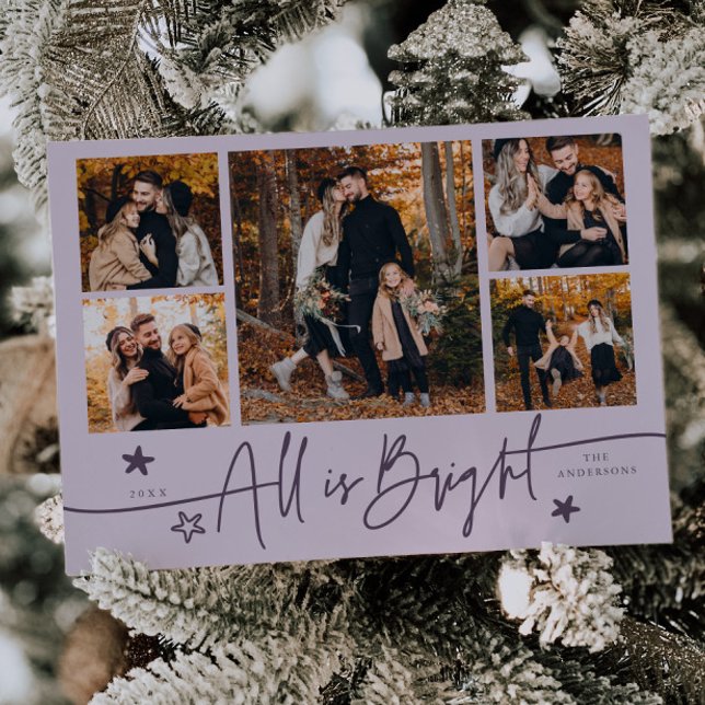 All Is Bright Purple Multi Photo Holiday Card (Creator Uploaded)