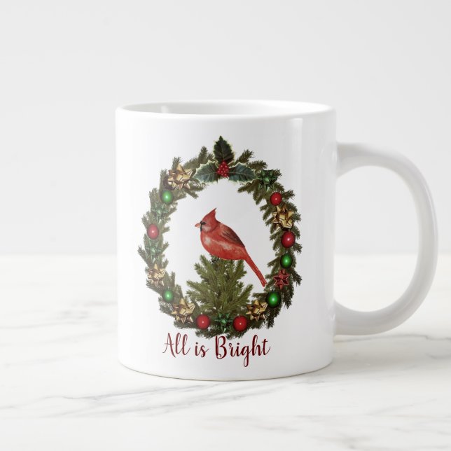 All Is Bright Red Cardinal Christmas Wreath Large Coffee Mug (Right)