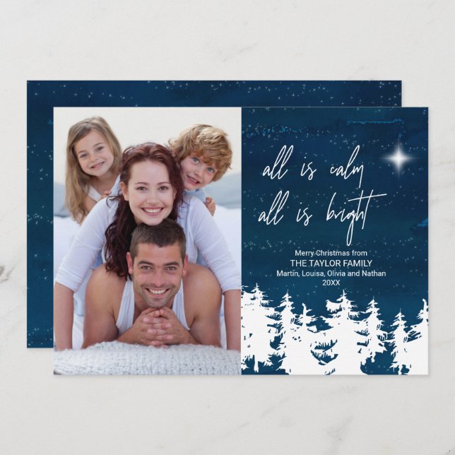 All Is Calm All Is Bright Christmas Photo Holiday Card (Front/Back)