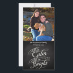 All is Calm Chalkboard Christmas Holiday Card<br><div class="desc">All is Calm, All is Bright. Single sided photo card with vertical portrait orientation. Dark charcoal grey chalkboard black board background with chalk-look fancy script writing with words from the famous Christmas carol, Silent Night. A sentimental and touching pretty item to remind of the beauty and slendor of the season!...</div>