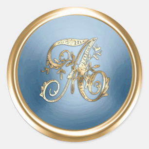 All Letter Gold and Blue 3 Ornate Monogram Classic Round Sticker