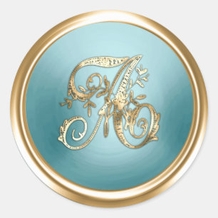 All Letter Gold and Blue Ornate Initial Monogram Classic Round Sticker