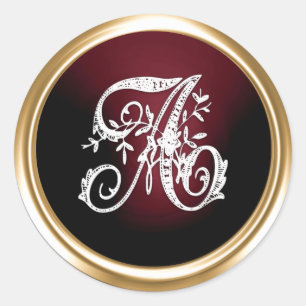 All Letter Gold and Burgundy Ornate Monogram White Classic Round Sticker