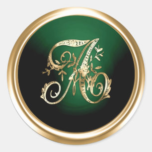 All Letter Gold and Dark Green Ornate Monogram  Classic Round Sticker