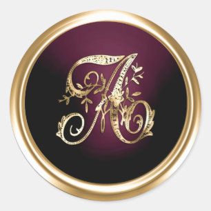 All Letter Gold and Dark Plum Ornate Monogram  Classic Round Sticker