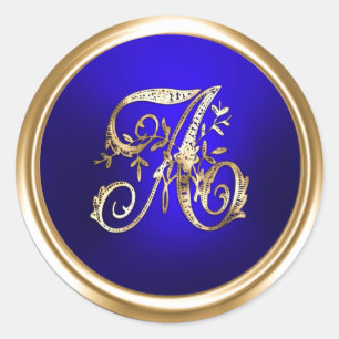 All Letter Gold and Royal Blue Ornate Monogram  Classic Round Sticker