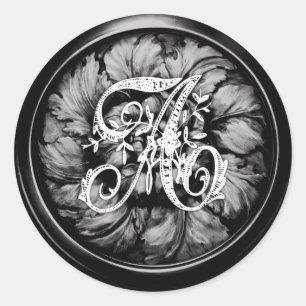 All Letter White and Black Ornate Monogram Classic Round Sticker