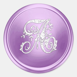 All Letter White and Purple Ornate Monogram  Classic Round Sticker