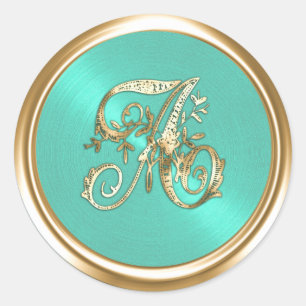 All Letters Aqua Gold Ornate Monogram Classic Round Sticker