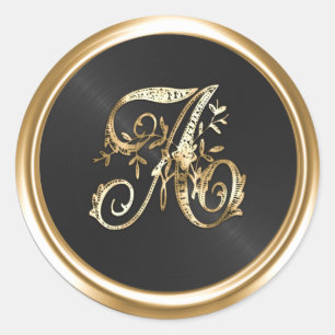 All Letters Black Gold Ornate Monogram  Classic Round Sticker