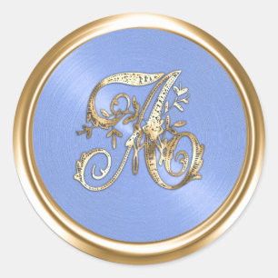 All Letters Blue Gold Ornate Monogram Classic Round Sticker