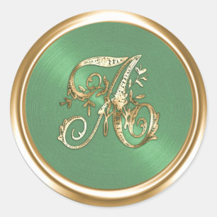 All Letters Green Gold Ornate Monogram Classic Round Sticker