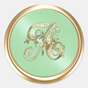 All Letters Mint Green Gold Ornate Monogram  Classic Round Sticker