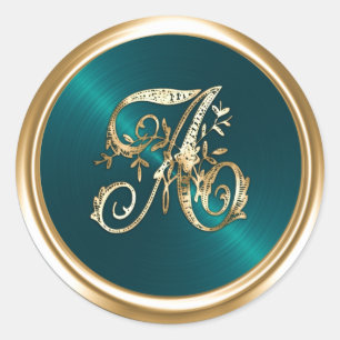All Letters Teal Green Gold Ornate Monogram  Classic Round Sticker