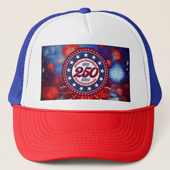  All Men Are Created Graphic Fireworks Burst RWB Trucker Hat (Front)