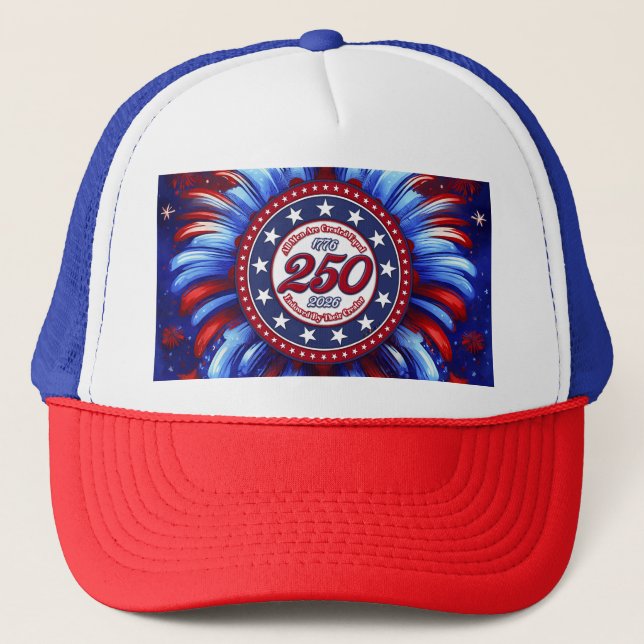 All Men Are Graphic Fireworks Red White Blue RWB Trucker Hat (Front)
