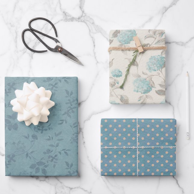 All Occasion Blue Floral and Polka Dots Set of 3 Wrapping Paper Sheet (Front)