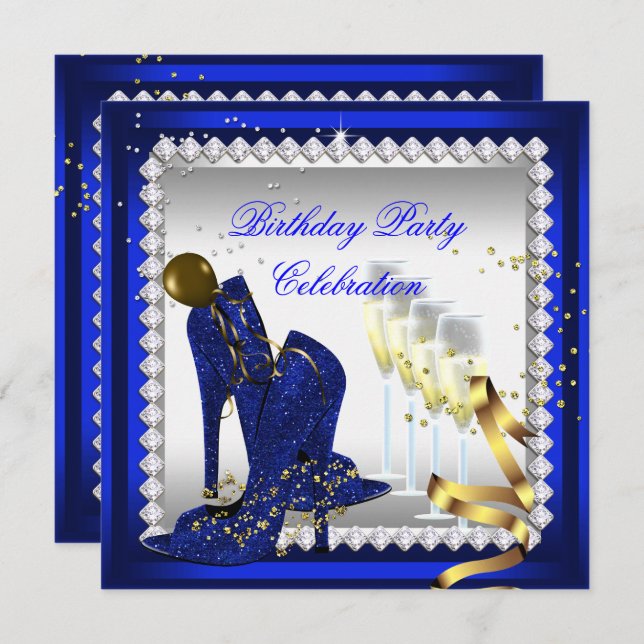 All Occasion Champagne Royal Blue Heels Gold Party Invitation (Front/Back)