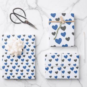 All-Occasion Elegant Blue and Grey Gliding Hearts Wrapping Paper Sheet