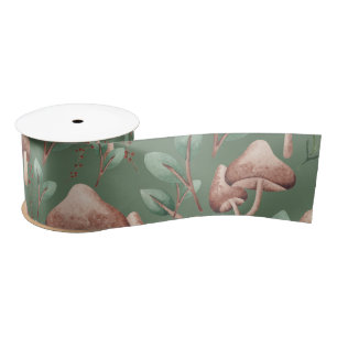 All Occasion Eucalyptus Forest Mushrooms on Green  Satin Ribbon