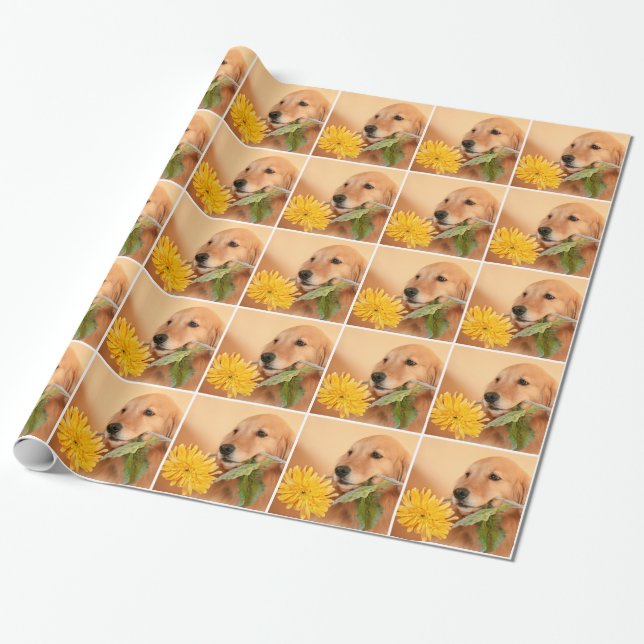 All Occasion Golden Retriever Dog With Flower Wrapping Paper (Unrolled)