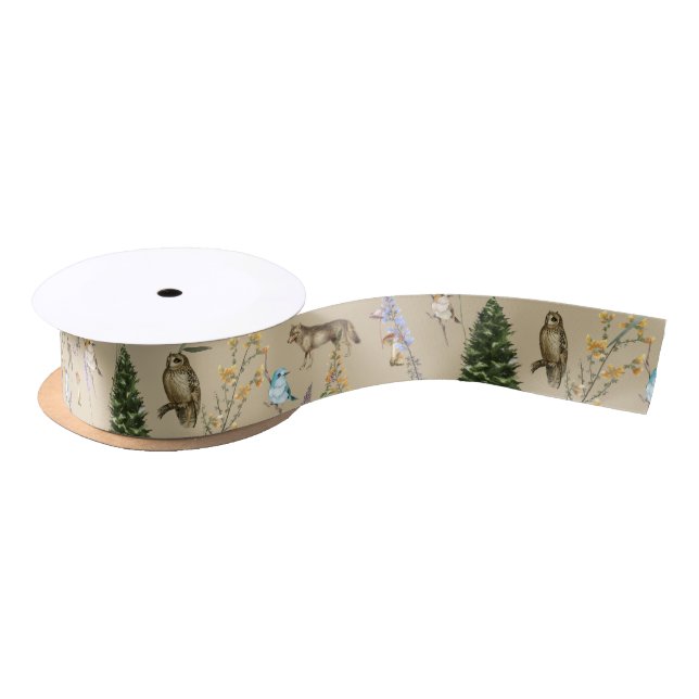 All Occasion Woodland Animals Plants Tan Satin Ribbon (Spool)