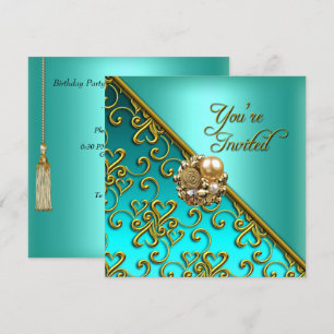 All Occasions Party Elegant Aqua Teal Blue Gold Invitation