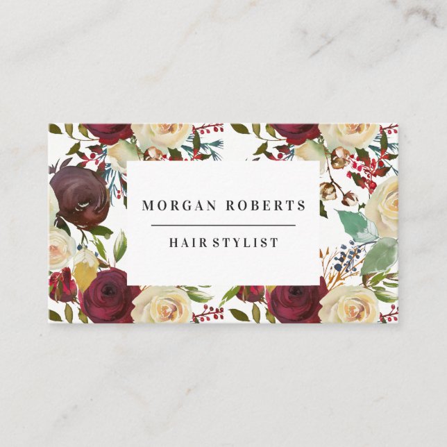 All Occupations Burgundy Red Wine White Roses Business Card (Front)