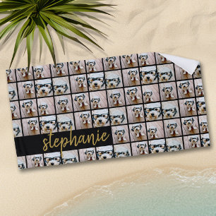 All Over 6 Photo Collage Black & Gold Script Name Beach Towel