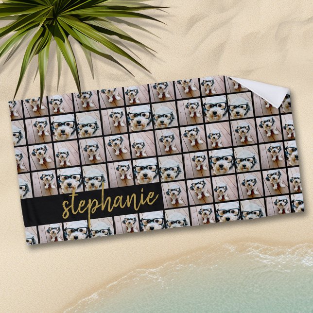 All Over 6 Photo Collage Black & Gold Script Name Beach Towel (Personalized Beach Towel - Add Photos and Text)