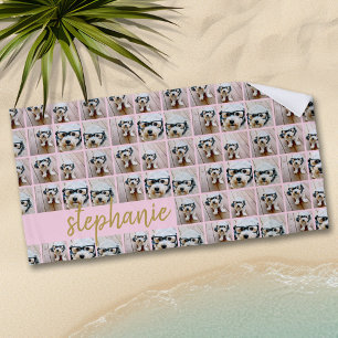 All Over 6 Photo Collage Pink & Gold Script Name Beach Towel