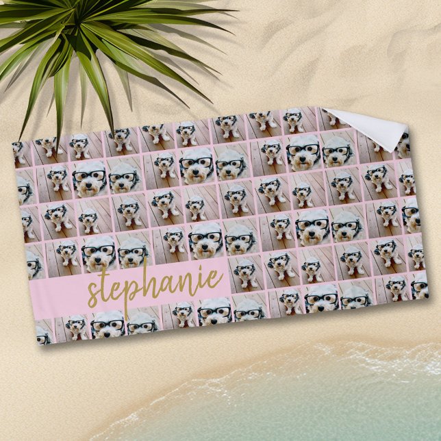 All Over 6 Photo Collage Pink & Gold Script Name Beach Towel (Personalized Beach Towel - Add Photos and Text)