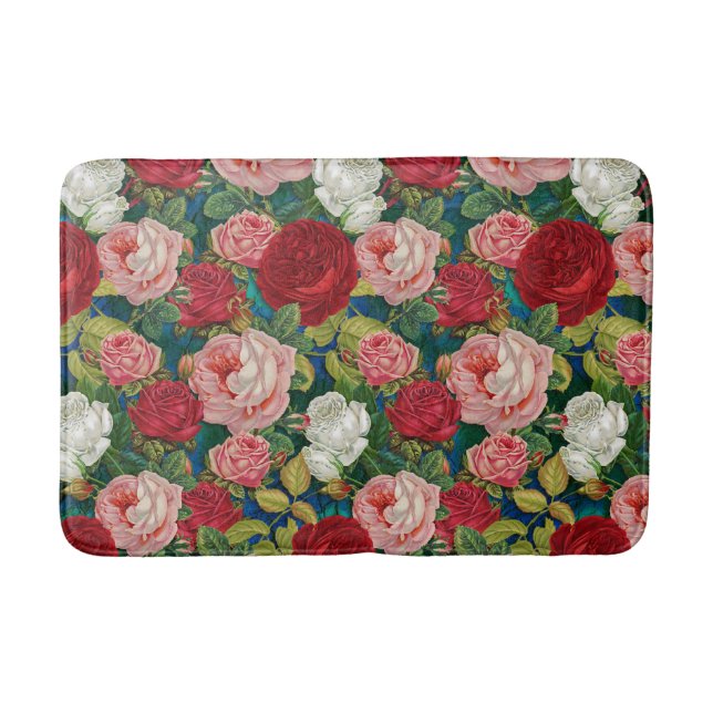 All Over Cabbage Roses on Blue Kitchen Bath Rug (Front)