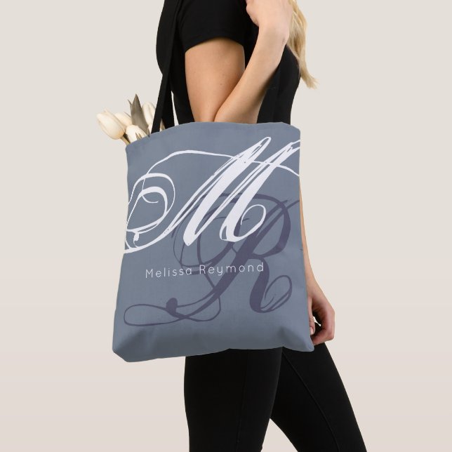 All Over Curly Monogram Dusty Blue Tote Bag (Close Up)