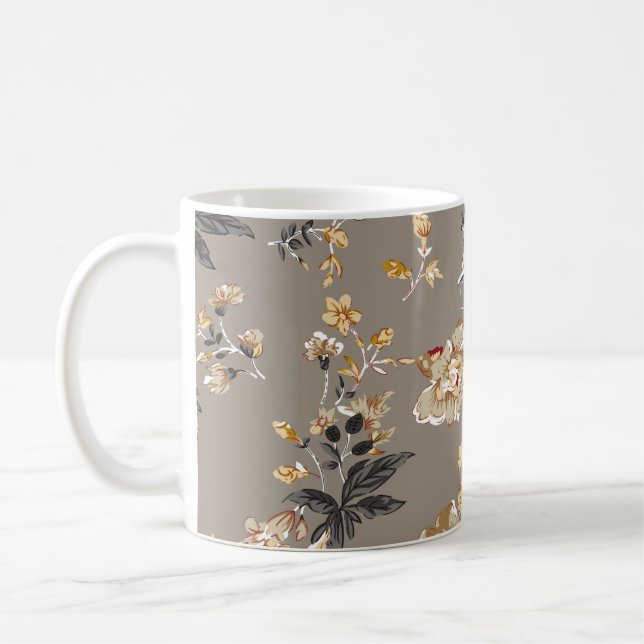 All over flowers pattern on brown backgroundflower coffee mug (Left)