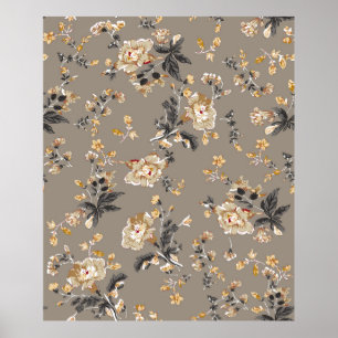 All over flowers pattern on brown backgroundflower poster