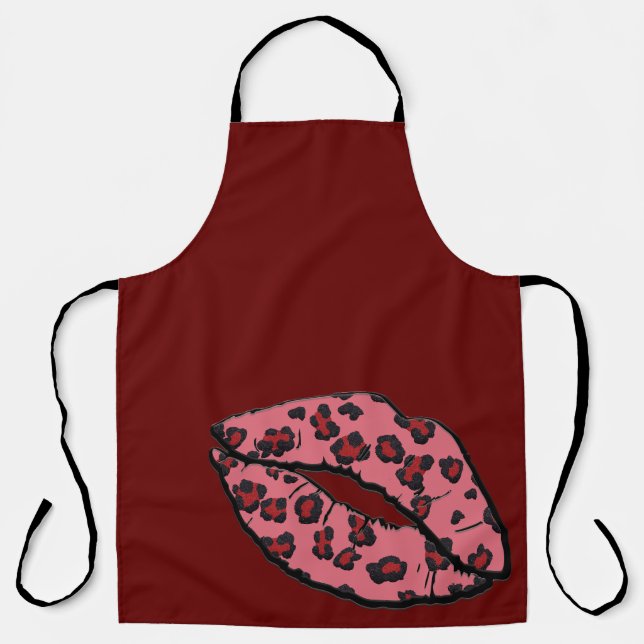 All-Over Maroon Leppard Lips Kitchen Apron (Front)