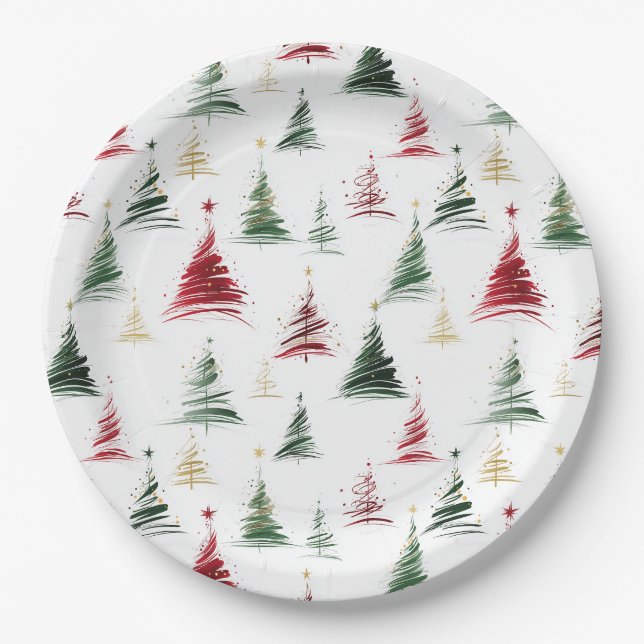 All Over Minimalist Christmas Tree Pattern Paper Plate (Front)