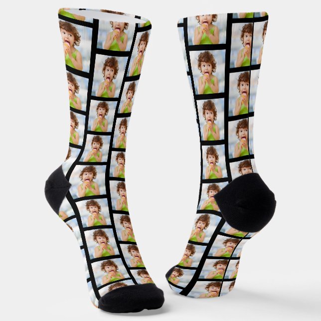 All Over One Photo Collage Cute Pattern Black Socks (Angled)