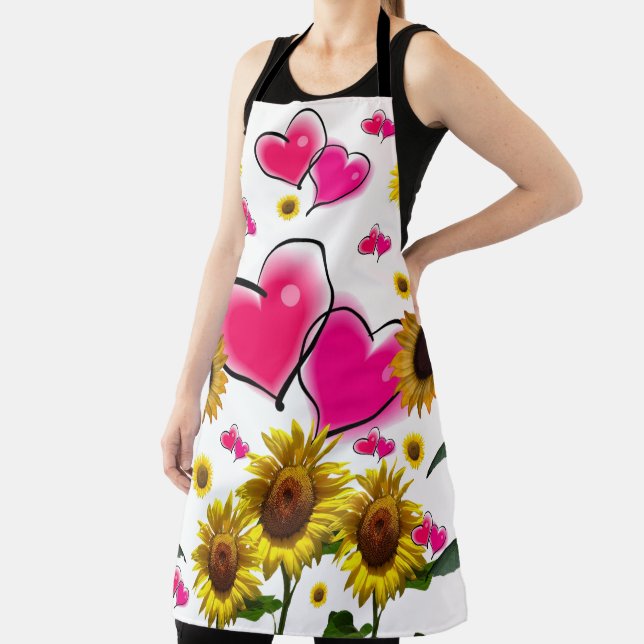 All Over Print Apron Sunflower Pink Hearts (Insitu)