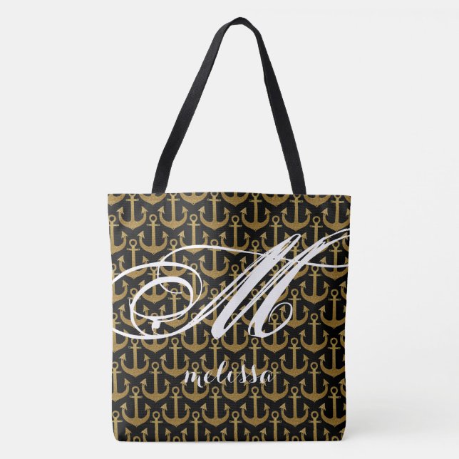 all-over-print black large tote bag with anchors (Front)